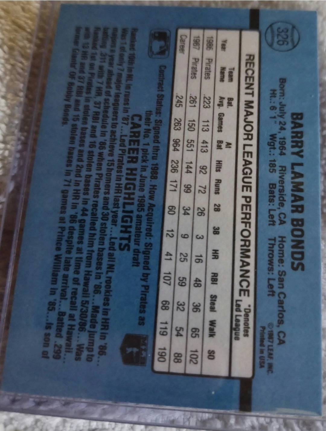1988 Donruss - Barry Bonds #326 Last line begins with former