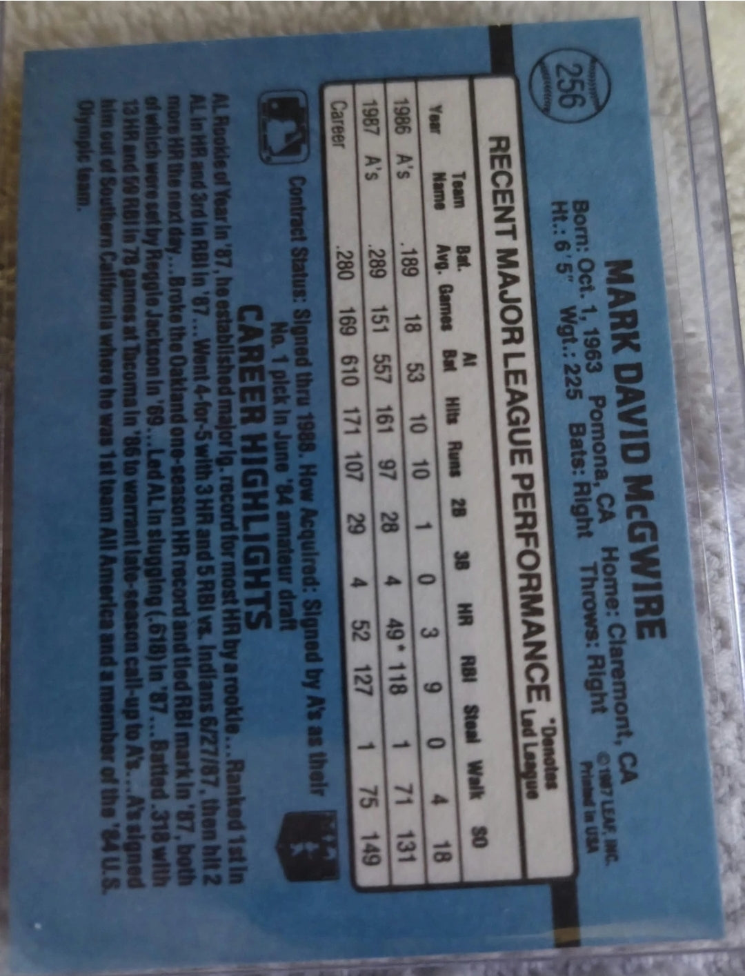 1988 Donruss - Mark McGwire #256 Last Line Begins with Olympic