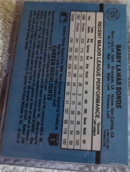 1988 Donruss - Barry Bonds #326 Last line begins with former